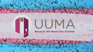 UUMA Logo over chalk drawn trans flag.